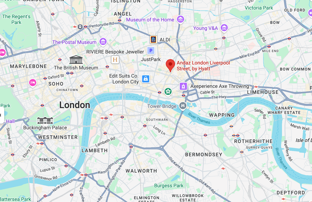 Map showing Hunter Fitness location at The Andaz Hotel Health Club, 40 Liverpool Street, London EC2M 7QN